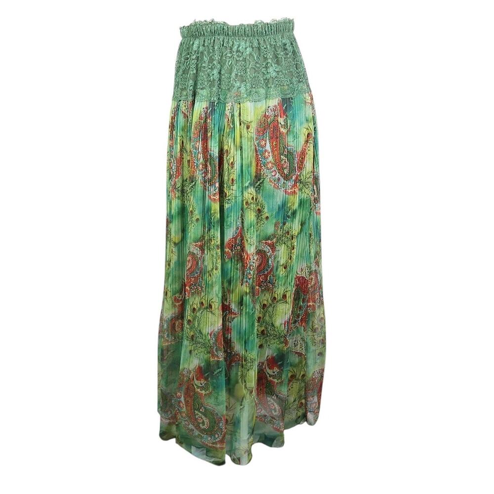 Vintage Y2K Green Peacock Paisley Print Lace Trim Pleated Midi Maxi Skirt S